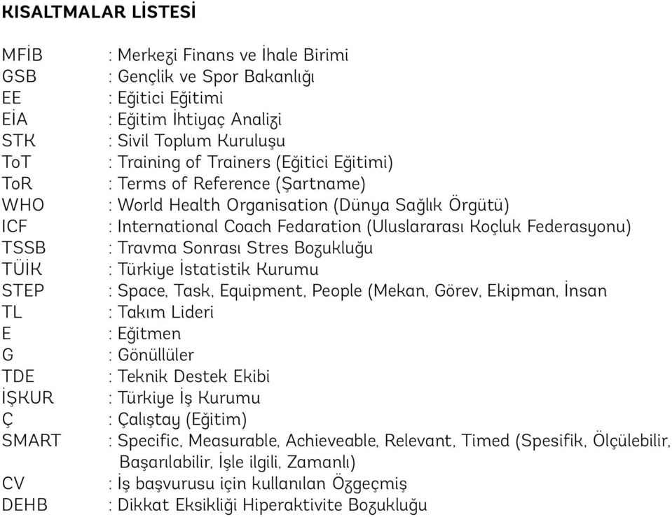 (Uluslararası Koçluk Federasyonu) : Travma Sonrası Stres Bozukluğu : Türkiye İstatistik Kurumu : Space, Task, Equipment, People (Mekan, Görev, Ekipman, İnsan : Takım Lideri : Eğitmen : Gönüllüler :