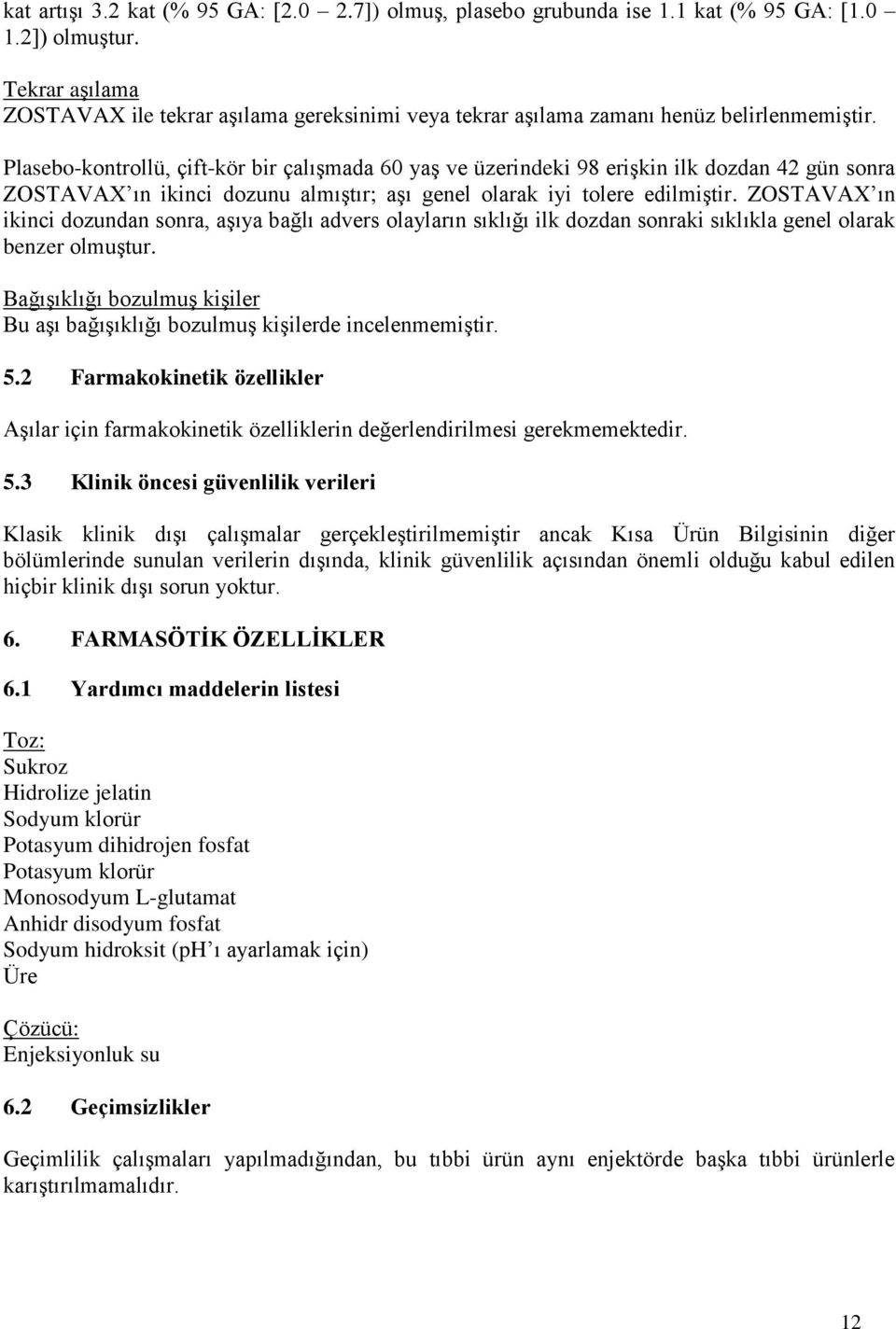 Plasebo-kontrollü, çift-kör bir çalışmada 60 yaş ve üzerindeki 98 erişkin ilk dozdan 42 gün sonra ZOSTAVAX ın ikinci dozunu almıştır; aşı genel olarak iyi tolere edilmiştir.