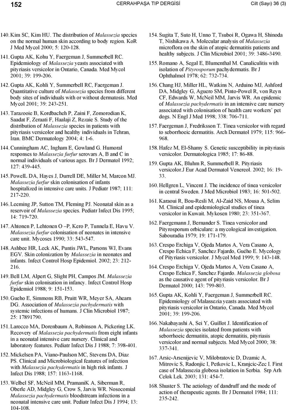 Quantitative culture of Malassezia species from different body sites of individuals with or without dermatosis. Med Mycol 2001; 39: 243-251. 143.