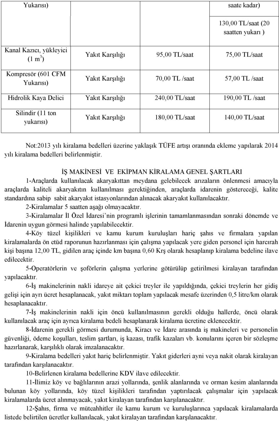 yaklaşık TÜFE artışı oranında ekleme yapılarak 2014 yılı kiralama bedelleri belirlenmiştir.