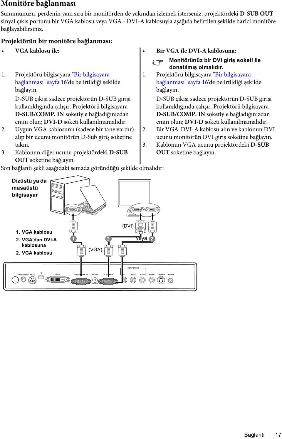 Projektörü bilgisayara "Bir bilgisayara 1. Projektörü bilgisayara "Bir bilgisayara bağlanması" sayfa 16'de belirtildiği şekilde bağlanması" sayfa 16'de belirtildiği şekilde bağlayın.