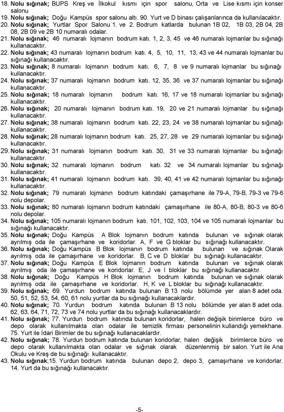 Nolu sığınak; 46 numaralı lojmanın bodrum katı. 1, 2, 3, 45 ve 46 numaralı lojmanlar bu sığınağı kullanacaktır. 22. Nolu sığınak; 43 numaralı lojmanın bodrum katı.