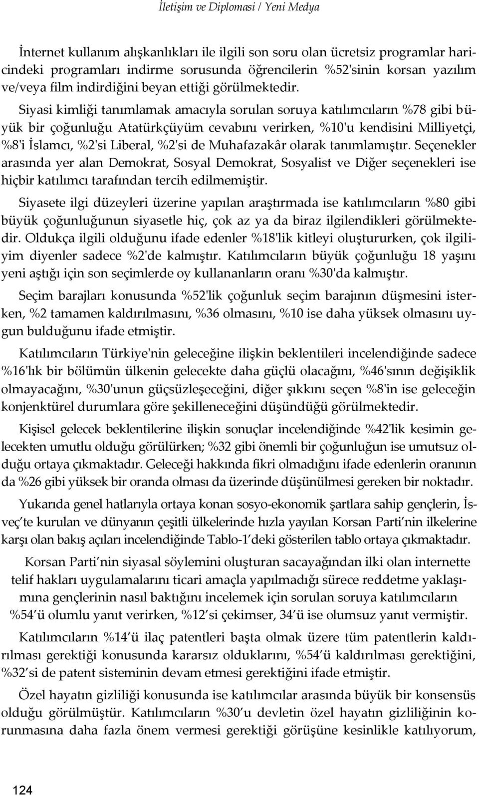 Siyasi kimliği tanımlamak amacıyla sorulan soruya katılımcıların %78 gibi büyük bir çoğunluğu Atatürkçüyüm cevabını verirken, %10'u kendisini Milliyetçi, %8'i İslamcı, %2'si Liberal, %2'si de