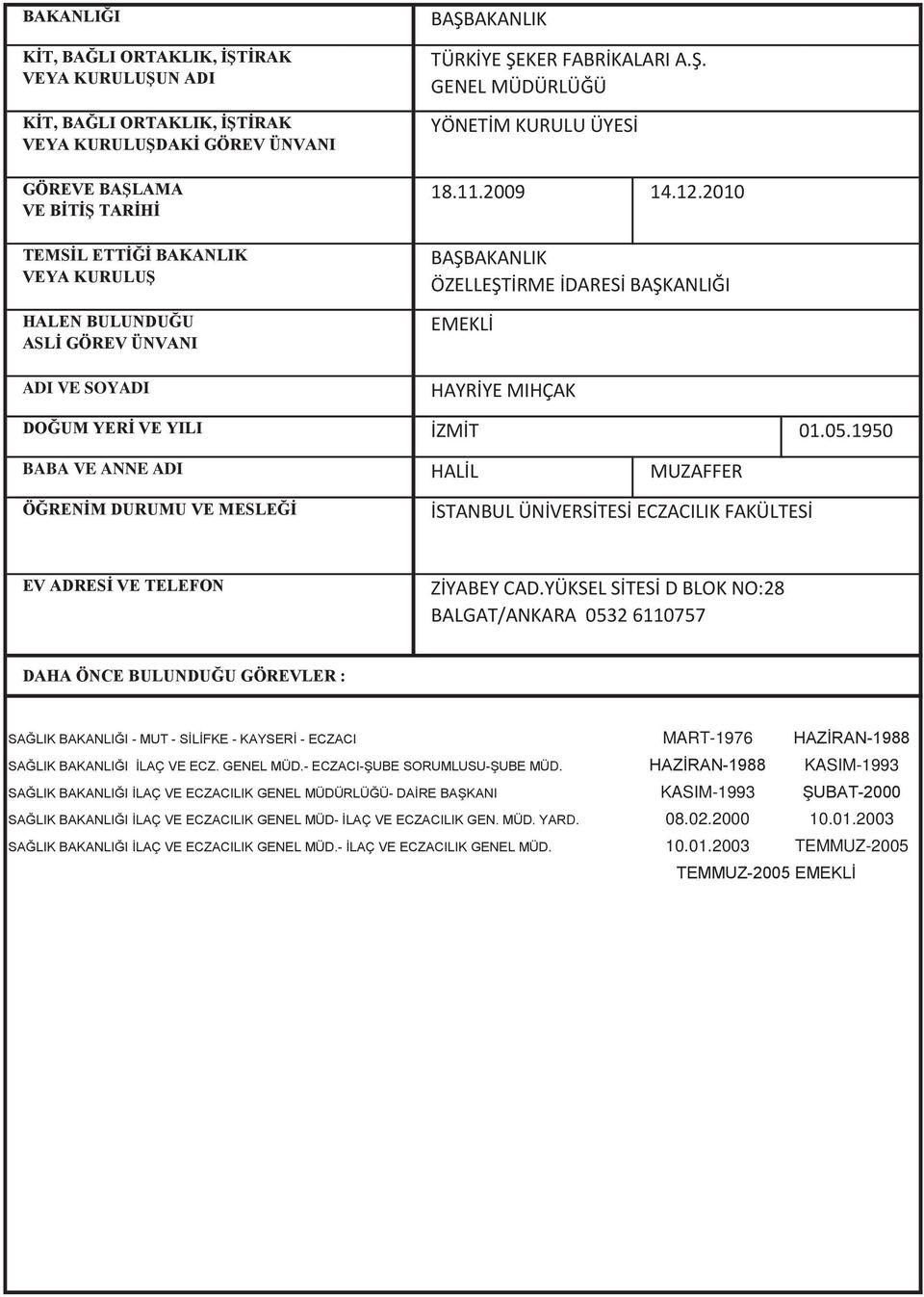 2010 BAŞBAKANLIK ÖZELLEŞTİRME İDARESİ BAŞKANLIĞI EMEKLİ HAYRİYE MIHÇAK İZMİT 01.05.