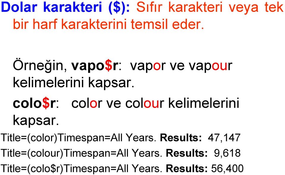 colo$r: color ve colour kelimelerini kapsar. Title=(color)Timespan=All Years.