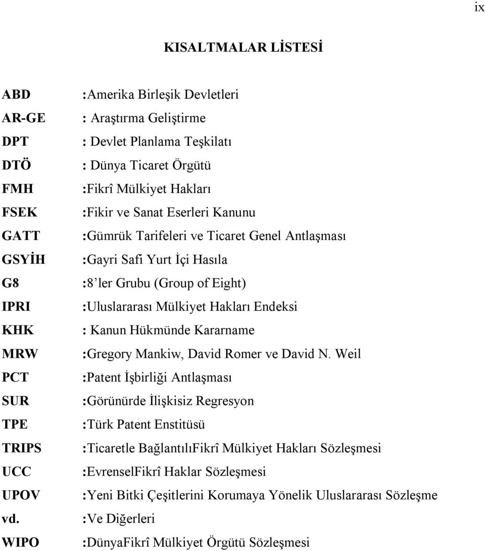 Genel Antlaşması :Gayri Safi Yurt İçi Hasıla :8 ler Grubu (Group of Eight) :Uluslararası Mülkiyet Hakları Endeksi : Kanun Hükmünde Kararname :Gregory Mankiw, David Romer ve David N.