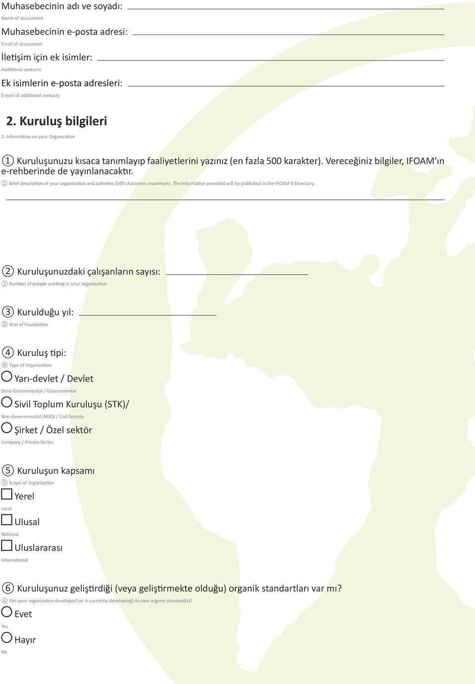 Vereceğiniz bilgiler, IFOAM ın e-rehberinde de yayınlanacaktır. 1 Brief description of your organization and activities (500 characters maximum).