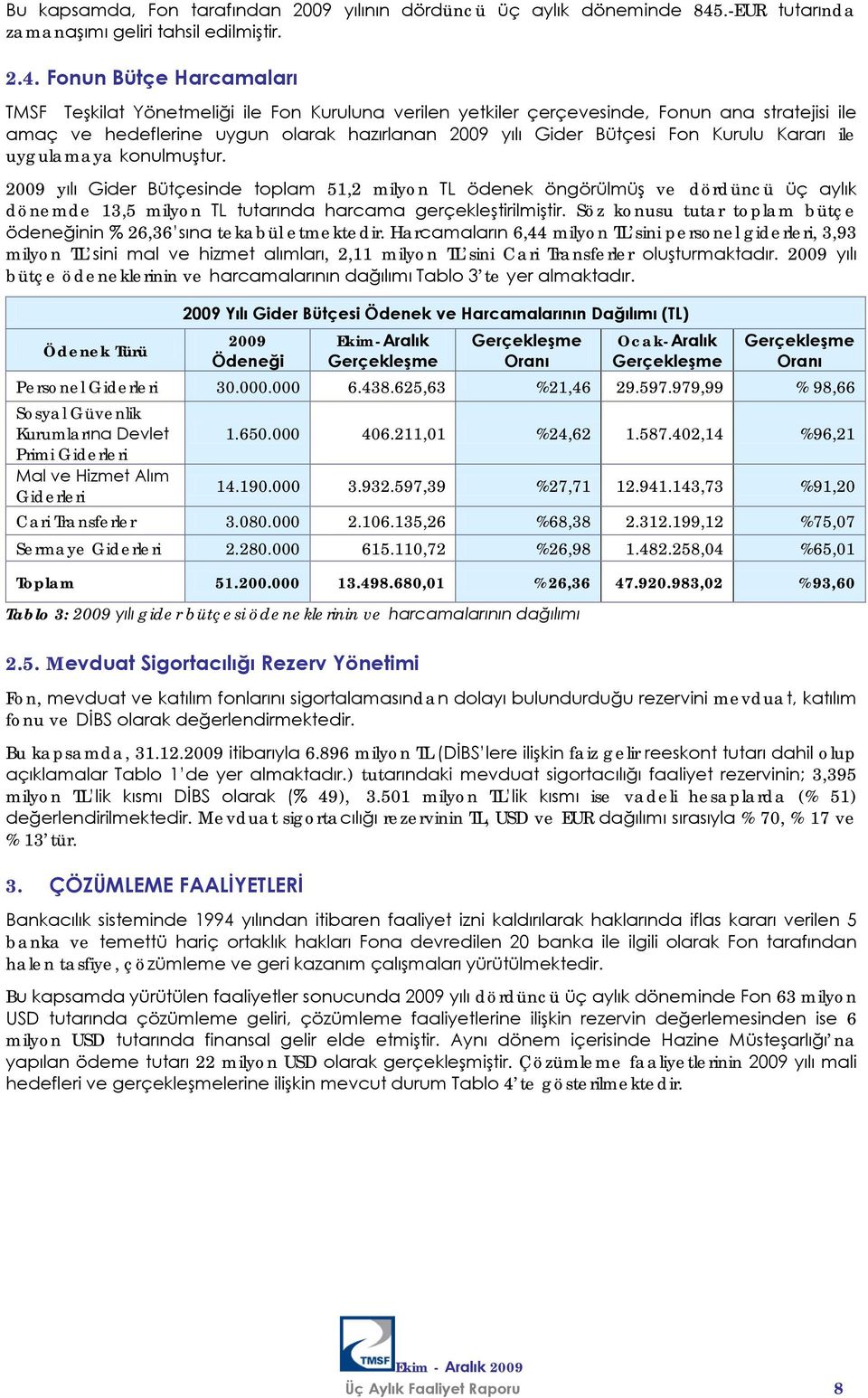 Fonun Bütçe Harcamaları TMSF Teşkilat Yönetmeliği ile Fon Kuruluna verilen yetkiler çerçevesinde, Fonun ana stratejisi ile amaç ve hedeflerine uygun olarak hazırlanan 2009 yılı Gider Bütçesi Fon