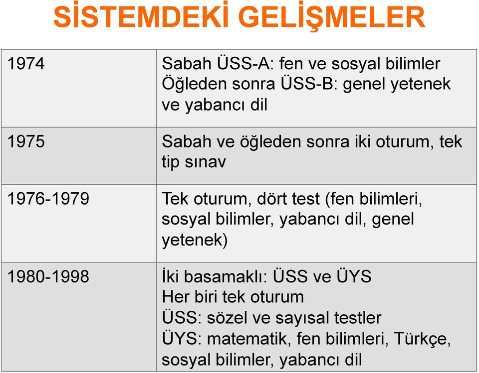 bilimleri, sosyal bilimler, yabancı dil, genel yetenek) 1980-1998 İki basamaklı: ÜSS ve ÜYS Her biri