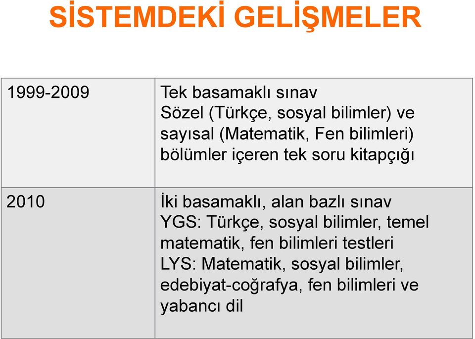 basamaklı, alan bazlı sınav YGS: Türkçe, sosyal bilimler, temel matematik, fen