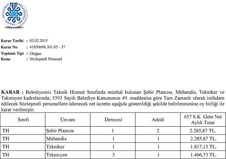 kadrolarında; 5393 Sayılı Belediye Kanununun 49.