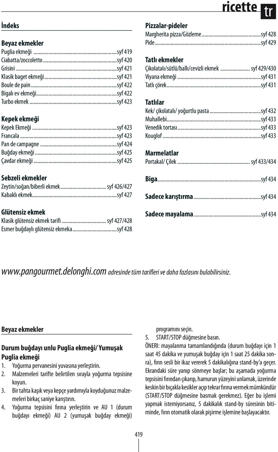 .. syf 426/427 Kabaklı ekmek...syf 427 Glütensiz ekmek Klasik glütensiz ekmek tarifi... syf 427/428 Esmer buğdaylı glütensiz ekmeka...syf 428 ricette Pizzalar-pideler Margherita pizza/gözleme.