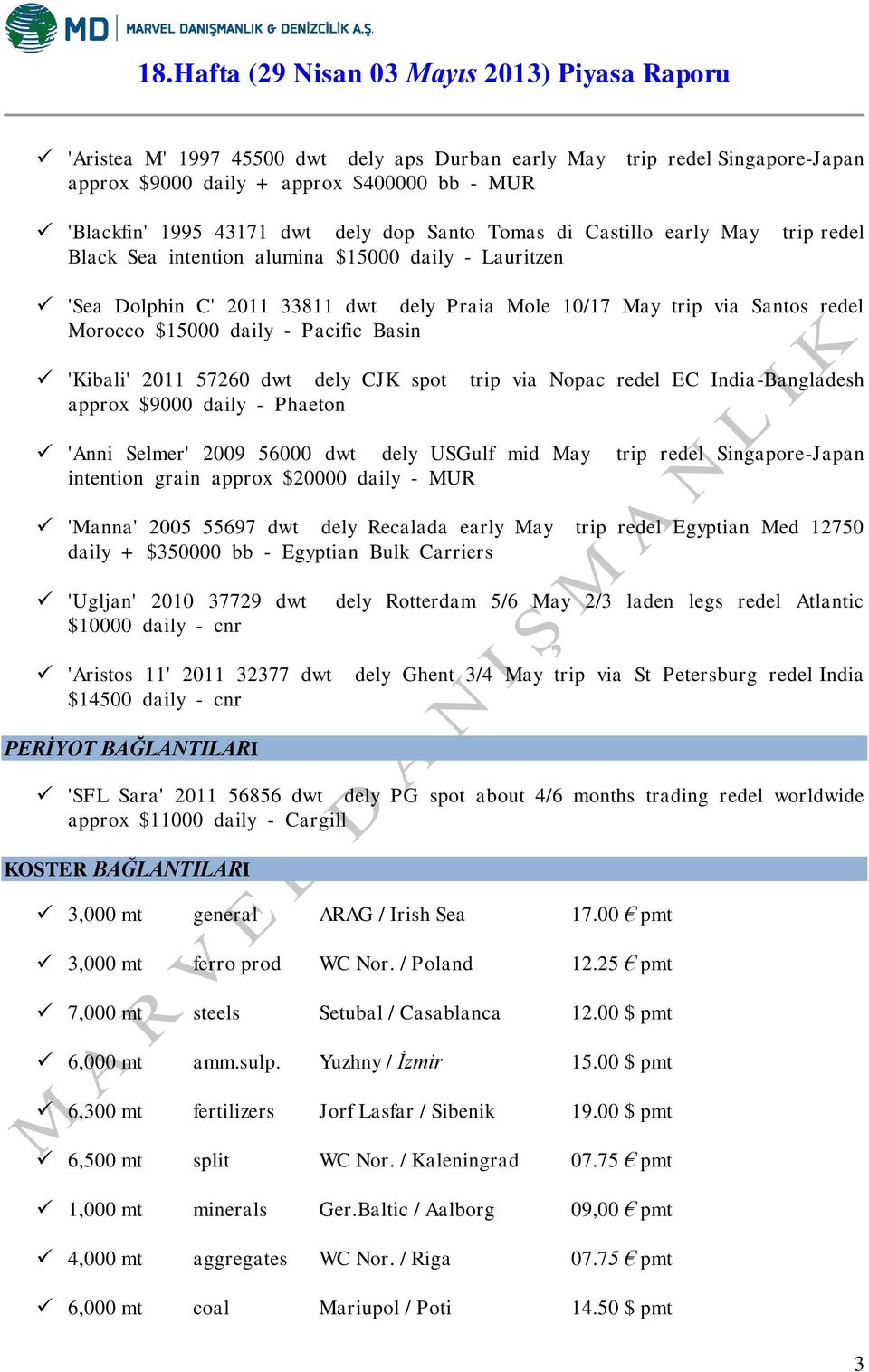 dely CJK spot trip via Nopac redel EC India-Bangladesh approx $9000 daily - Phaeton 'Anni Selmer' 2009 56000 dwt dely USGulf mid May trip redel Singapore-Japan intention grain approx $20000 daily -