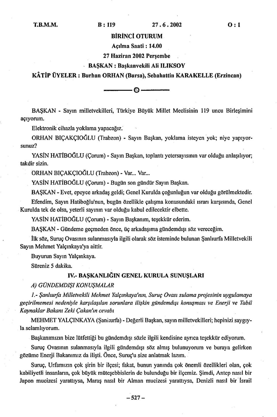 Meclisinin I 19 uncu Birleşimini açyorum. Elektronik cihazla yoklama yapacağz.' ORHAN BIÇAKÇIOGLU (Trabzon) - Sayn Başkan, yoklama isteyen 'yok; niye yapyorsunuz?