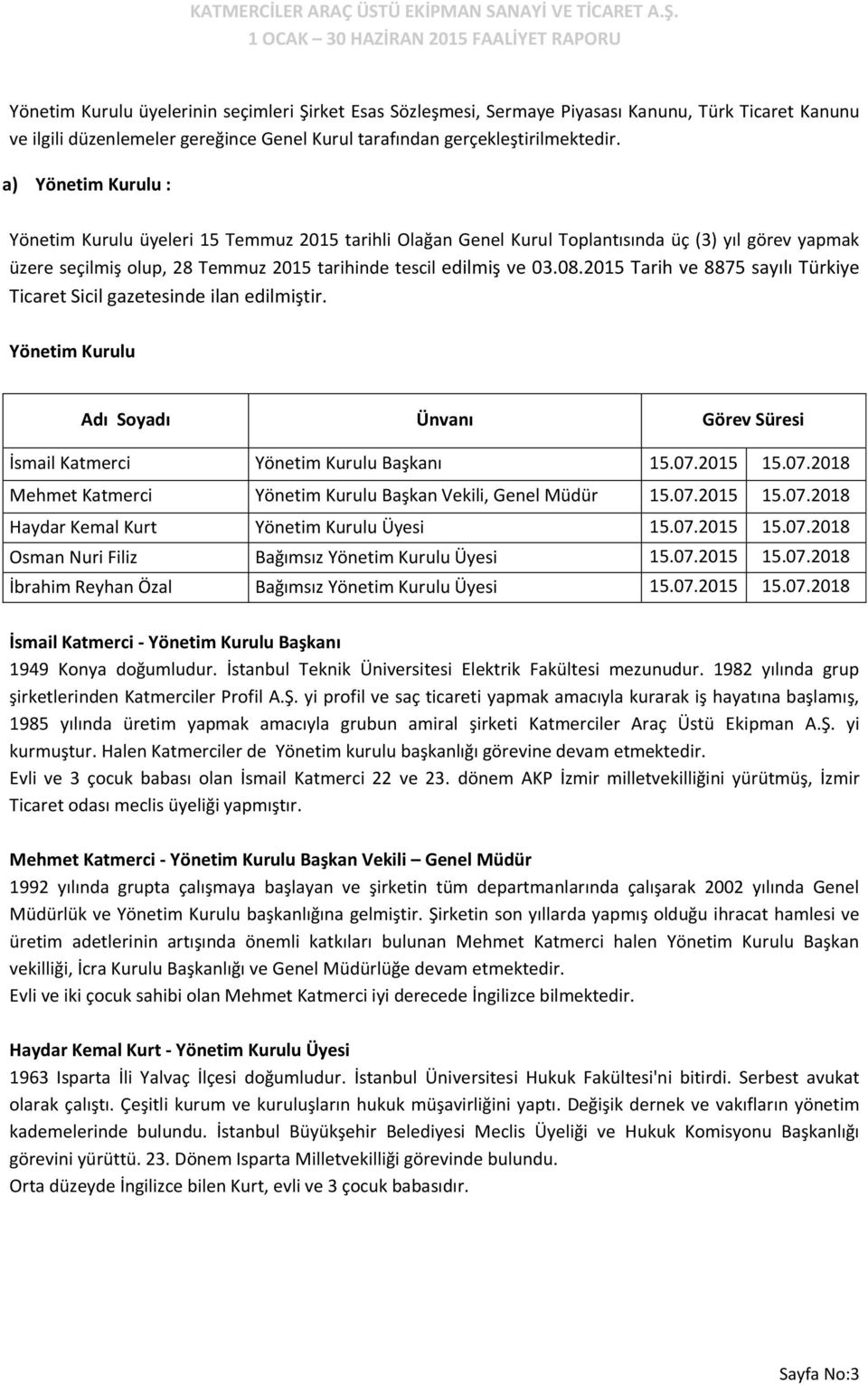 2015 Tarih ve 8875 sayılı Türkiye Ticaret Sicil gazetesinde ilan edilmiştir. Yönetim Kurulu Adı Soyadı Ünvanı Görev Süresi İsmail Katmerci Yönetim Kurulu Başkanı 15.07.