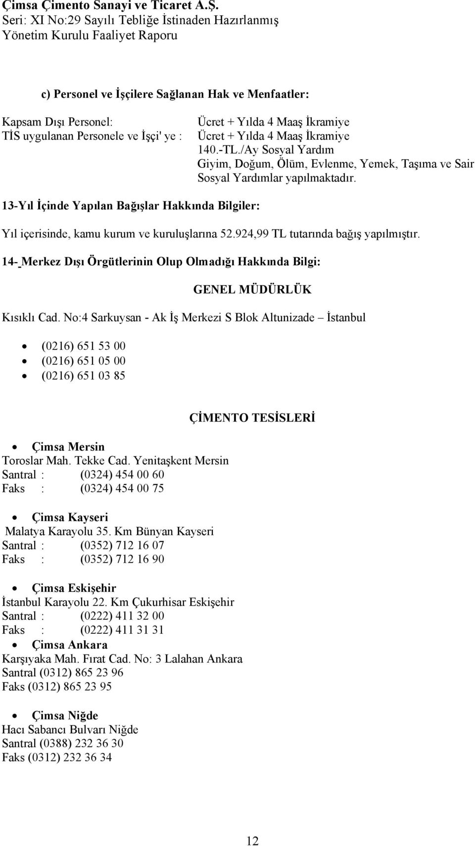 924,99 TL tutarında bağış yapılmıştır. 14- Merkez Dışı Örgütlerinin Olup Olmadığı Hakkında Bilgi: GENEL MÜDÜRLÜK Kısıklı Cad.