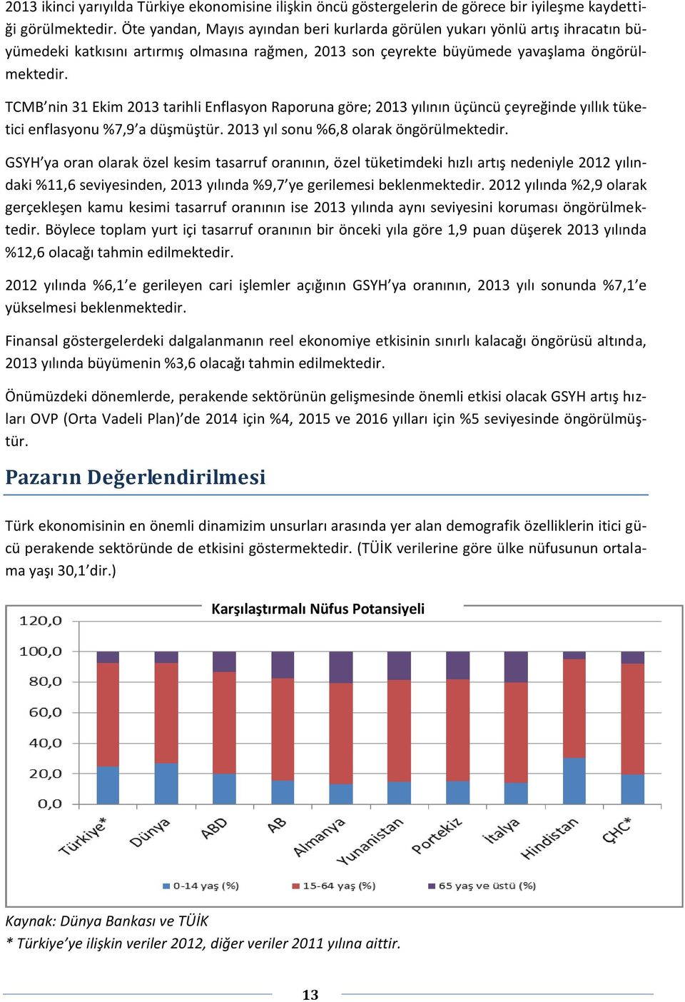 TCMB nin 31 Ekim 2013 tarihli Enflasyon Raporuna göre; 2013 yılının üçüncü çeyreğinde yıllık tüketici enflasyonu %7,9 a düşmüştür. 2013 yıl sonu %6,8 olarak öngörülmektedir.