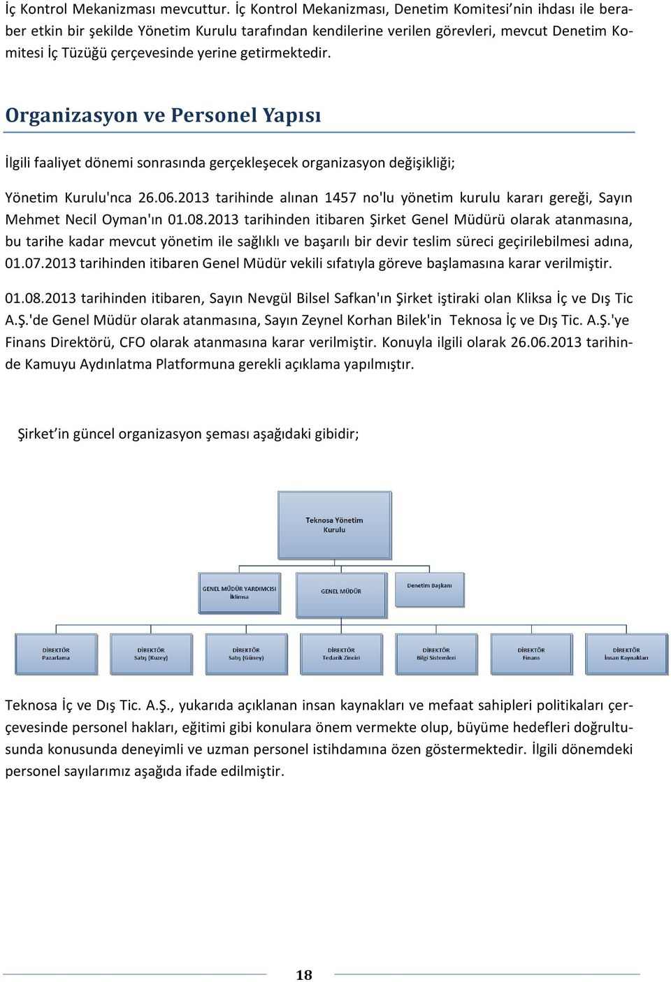 getirmektedir. Organizasyon ve Personel Yapısı İlgili faaliyet dönemi sonrasında gerçekleşecek organizasyon değişikliği; Yönetim Kurulu'nca 26.06.