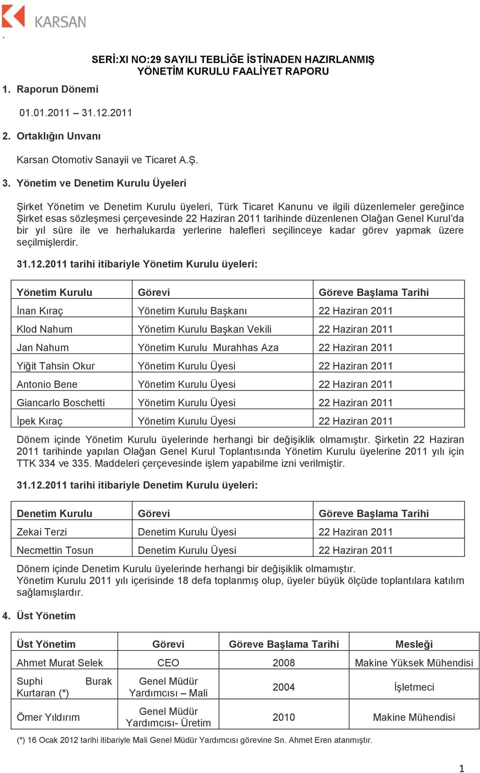 Yönetim ve Denetim Kurulu Üyeleri Şirket Yönetim ve Denetim Kurulu üyeleri, Türk Ticaret Kanunu ve ilgili düzenlemeler gereğince Şirket esas sözleşmesi çerçevesinde 22 Haziran 2011 tarihinde