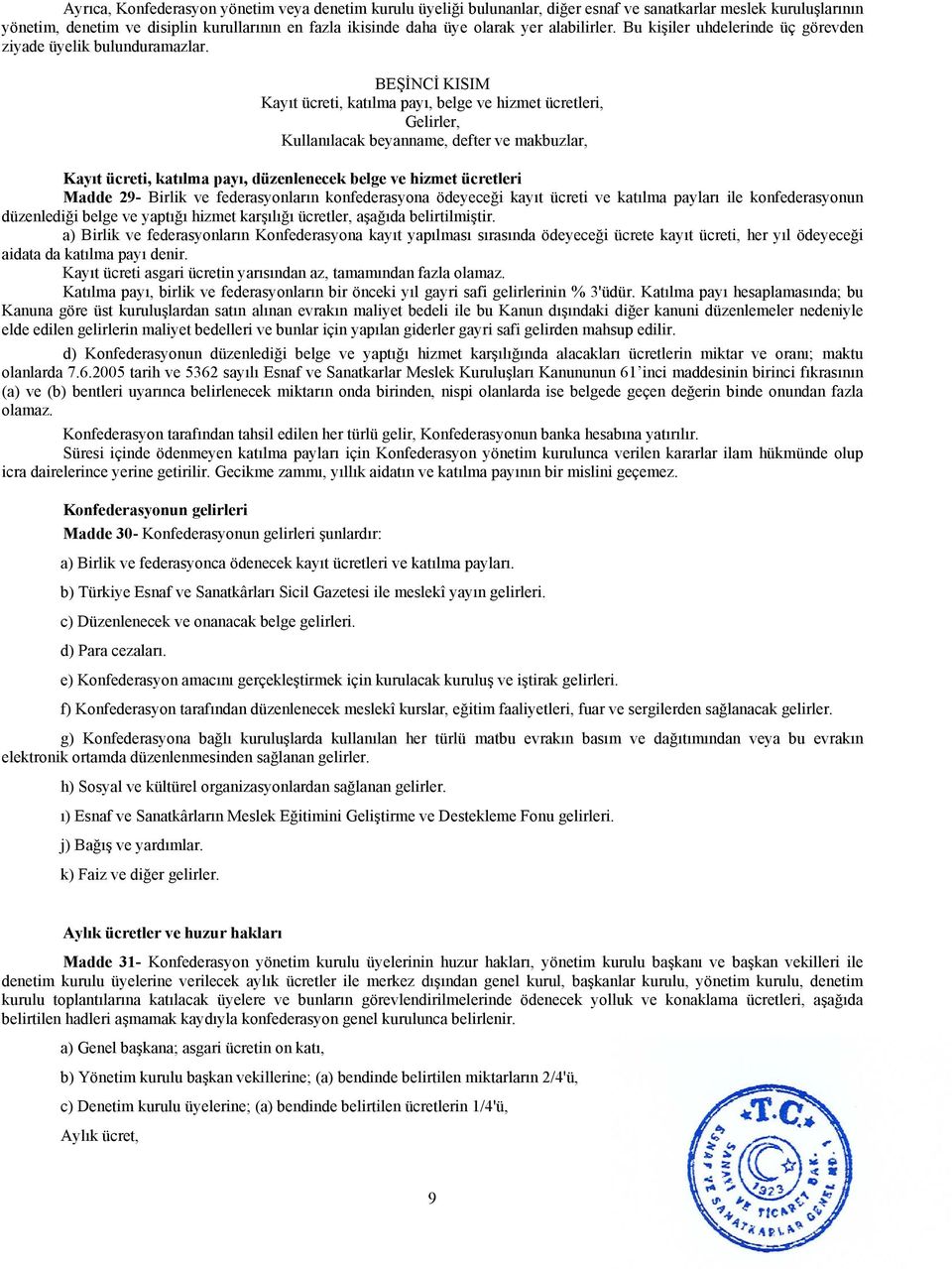 BEŞİNCİ KISIM Kayıt ücreti, katılma payı, belge ve hizmet ücretleri, Gelirler, Kullanılacak beyanname, defter ve makbuzlar, Kayıt ücreti, katılma payı, düzenlenecek belge ve hizmet ücretleri Madde