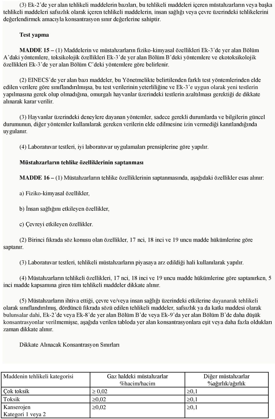 Test yapma MADDE 15 (1) Maddelerin ve müstahzarların fiziko-kimyasal özellikleri Ek-3 de yer alan Bölüm A daki yöntemlere, toksikolojik özellikleri Ek-3 de yer alan Bölüm B deki yöntemlere ve