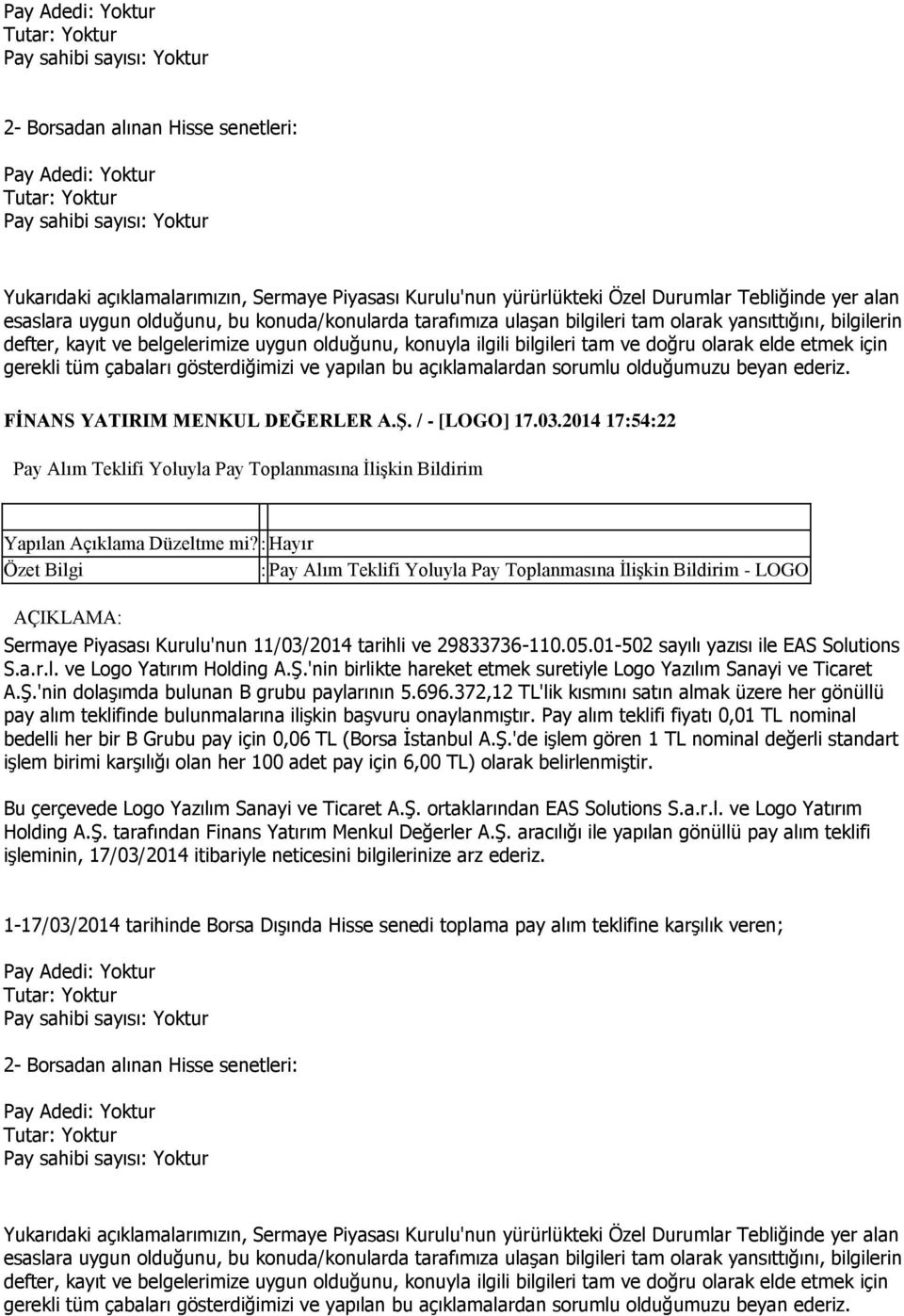 Hayır Pay Alım Teklifi Yoluyla Pay Toplanmasına İlişkin Bildirim - LOGO Sermaye Piyasası Kurulu'nun 11/03/2014 tarihli ve 29833736-110.05.01-502 sayılı yazısı ile EAS Solutions S.a.r.l. ve Logo Yatırım Holding A.