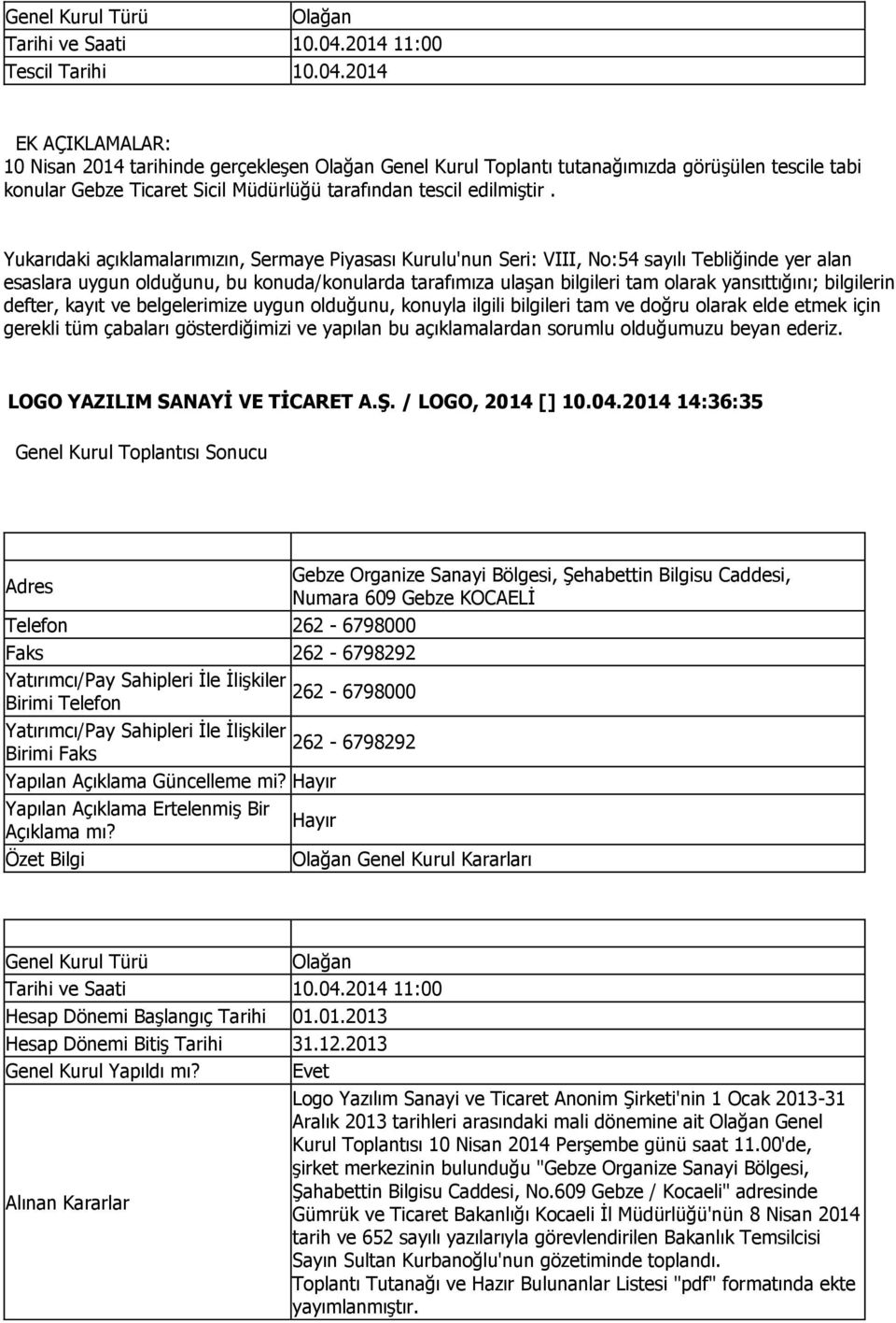 2014 EK AÇIKLAMALAR 10 Nisan 2014 tarihinde gerçekleşen Olağan Genel Kurul Toplantı tutanağımızda görüşülen tescile tabi konular Gebze Ticaret Sicil Müdürlüğü tarafından tescil edilmiştir.