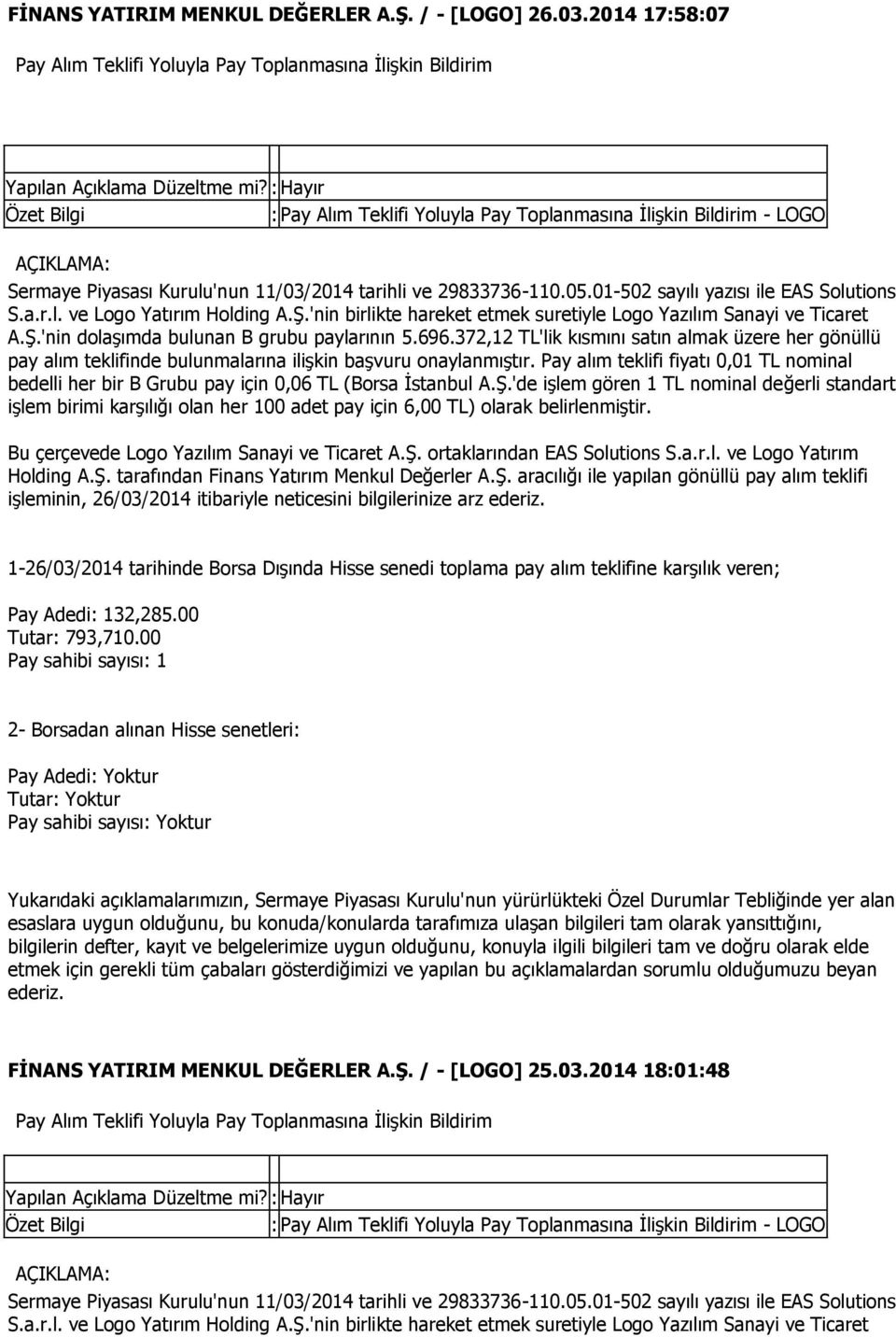 Ş.'nin birlikte hareket etmek suretiyle Logo Yazılım Sanayi ve Ticaret A.Ş.'nin dolaşımda bulunan B grubu paylarının 5.696.