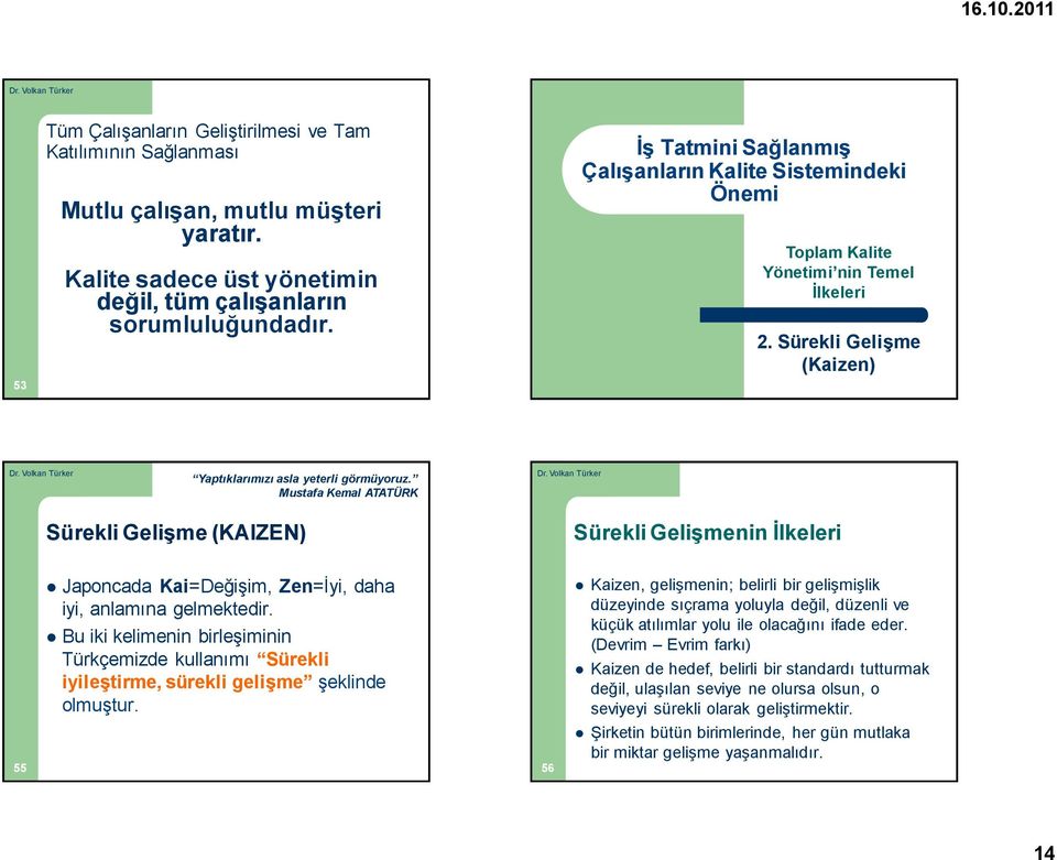 Mustafa Kemal ATATÜRK Sürekli Gelişme (KAIZEN) Sürekli Gelişmenin İlkeleri 55 Japoncada Kai=Değişim, Zen=İyi, daha iyi, anlamına gelmektedir.