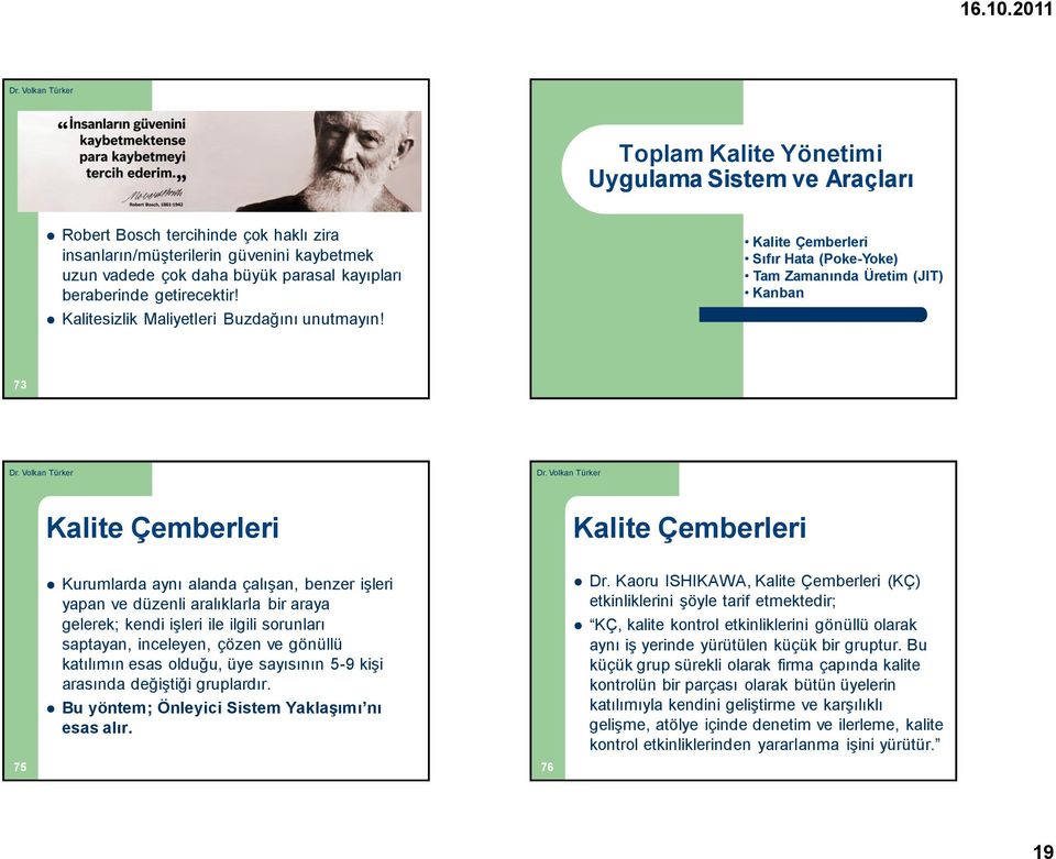 Kalite Çemberleri Sıfır Hata (Poke-Yoke) Tam Zamanında Üretim (JIT) Kanban 73 Kalite Çemberleri Kalite Çemberleri 75 Kurumlarda aynı alanda çalışan, benzer işleri yapan ve düzenli aralıklarla bir