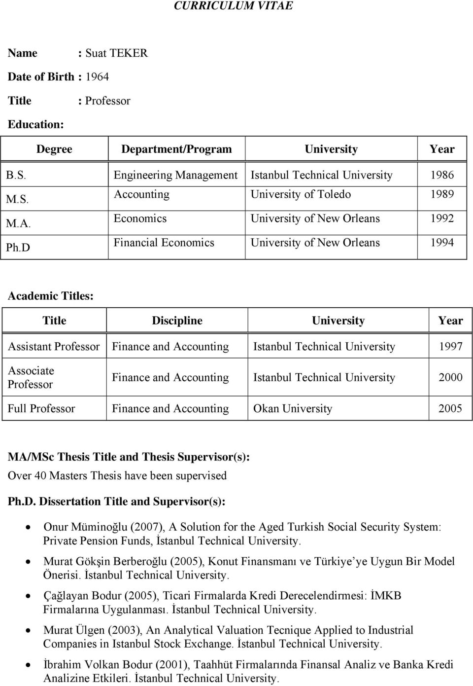 D Financial Economics University of New Orleans 1994 Academic Titles: Title Discipline University Year Assistant Professor Finance and Accounting Istanbul Technical University 1997 Associate