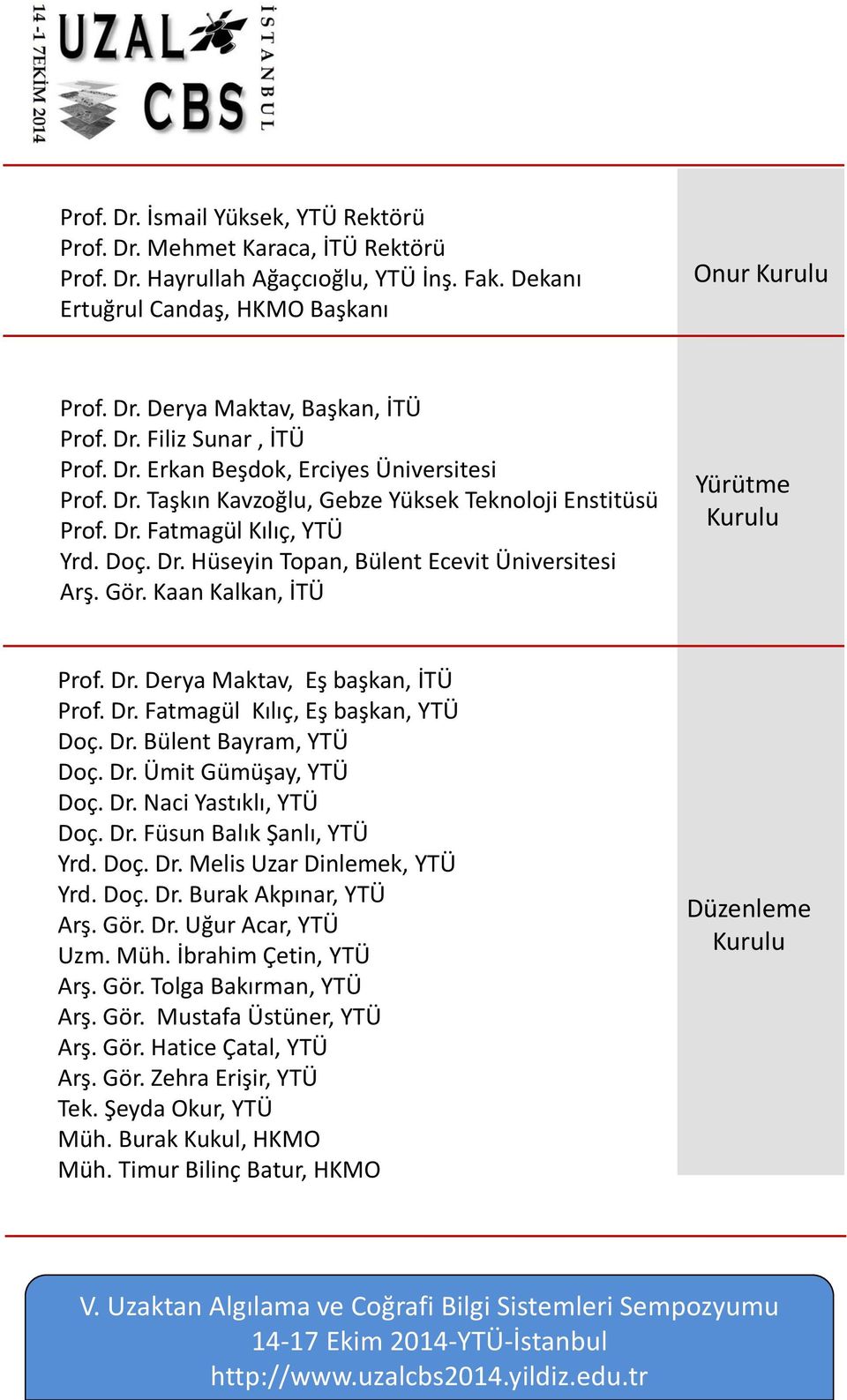 Gör. Kaan Kalkan, İTÜ Yürütme Kurulu Prof. Dr. Derya Maktav, Eş başkan, İTÜ Prof. Dr. Fatmagül Kılıç, Eş başkan, YTÜ Doç. Dr. Bülent Bayram, YTÜ Doç. Dr. Ümit Gümüşay, YTÜ Doç. Dr. Naci Yastıklı, YTÜ Doç.