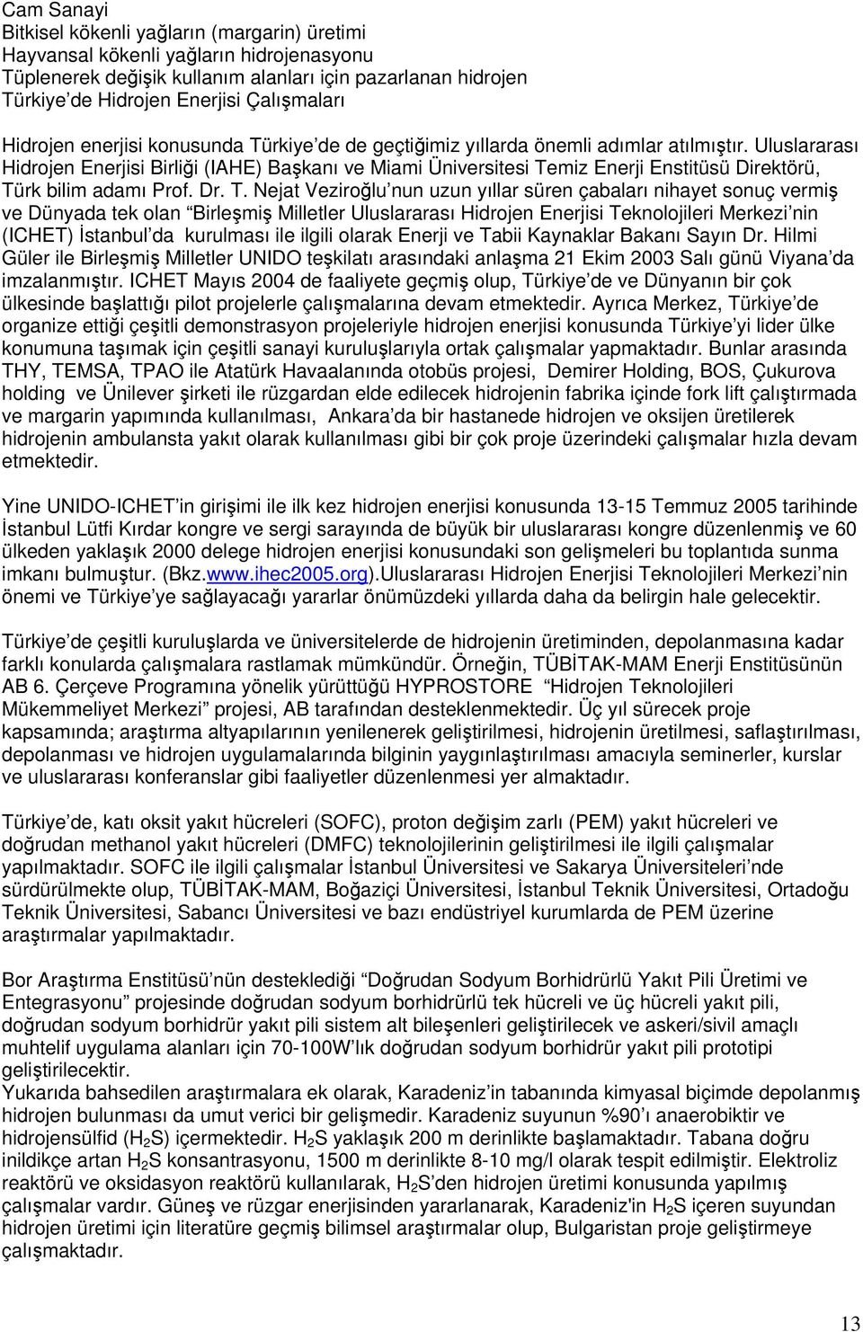 Uluslararası Hidrojen Enerjisi Birlii (IAHE) Bakanı ve Miami Üniversitesi Te