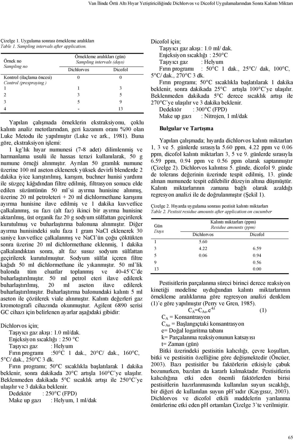 kalıntı analiz metotlarından, geri kazanım oranı %90 olan Luke Metodu ile yapılmıştır (Luke ve ark., 1981).