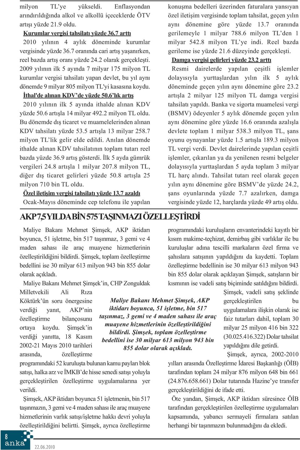 2009 yılının ilk 5 ayında 7 milyar 175 milyon TL kurumlar vergisi tahsilatı yapan devlet, bu yıl aynı dönemde 9 milyar 805 milyon TL'yi kasasına koydu. İthal'de alınan KDV de yüzde 50.