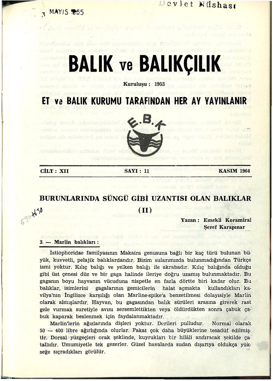 Bizim sularımızda bulunmadığından Türkçe ismi yoktur. Kılıç balığı ve yelken balığı ile akrabadır. Kılıç balığında olduğu gibi üst çenesi düz ve bir gaga halinde ileriye doğru uzamış bulunmaktadır.