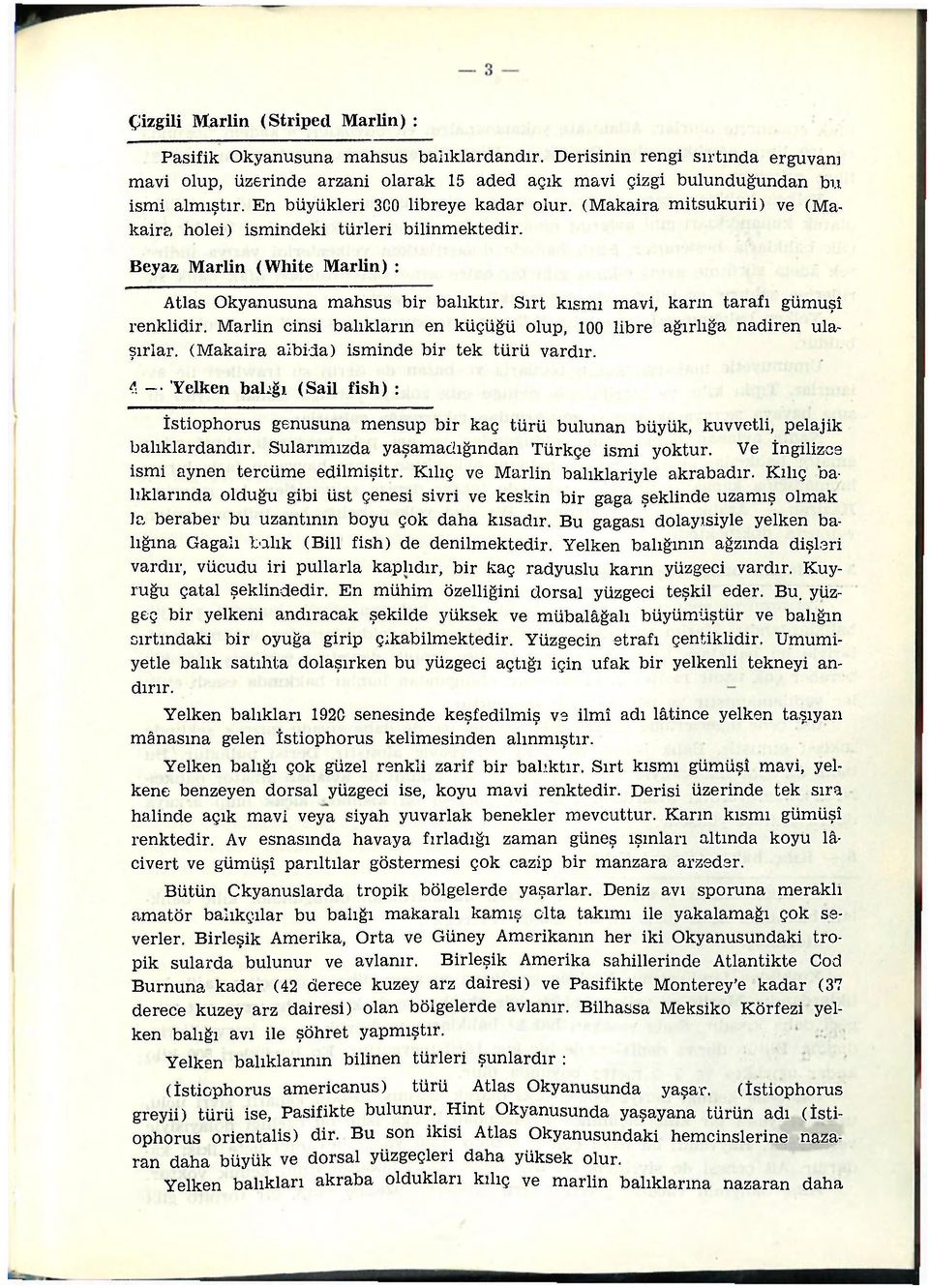 Sırt kısmı mavi, karm tarafı gümüşi renklidir. Marlin cinsi balıkların en küçüğü olup, 100 libre ağırlığa nadiren ulaşırlar. (Makaira albida) isminde bir tek türü vardır.