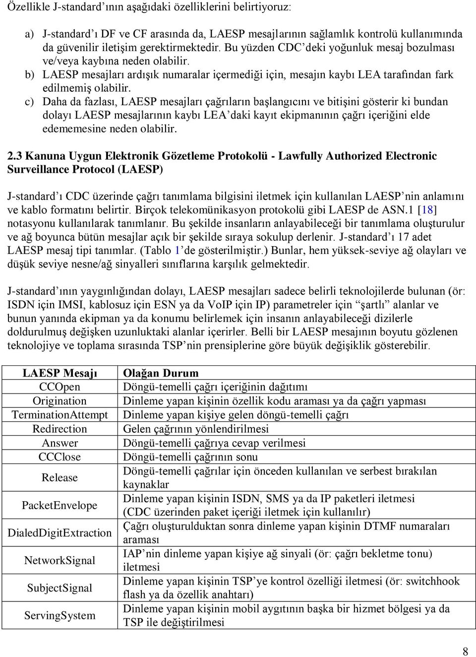 c) Daha da fazlası, LAESP mesajları çağrıların başlangıcını ve bitişini gösterir ki bundan dolayı LAESP mesajlarının kaybı LEA daki kayıt ekipmanının çağrı içeriğini elde edememesine neden olabilir.