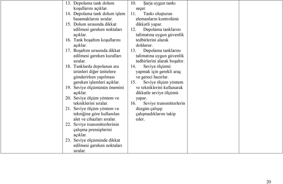 Seviye ölçüm yöntem ve tekniklerini sıralar. 21. Seviye ölçüm yöntem ve tekniğine göre kullanılan alet ve cihazları sıralar. 22. Seviye transmitterlerinin çalışma prensiplerini 23.