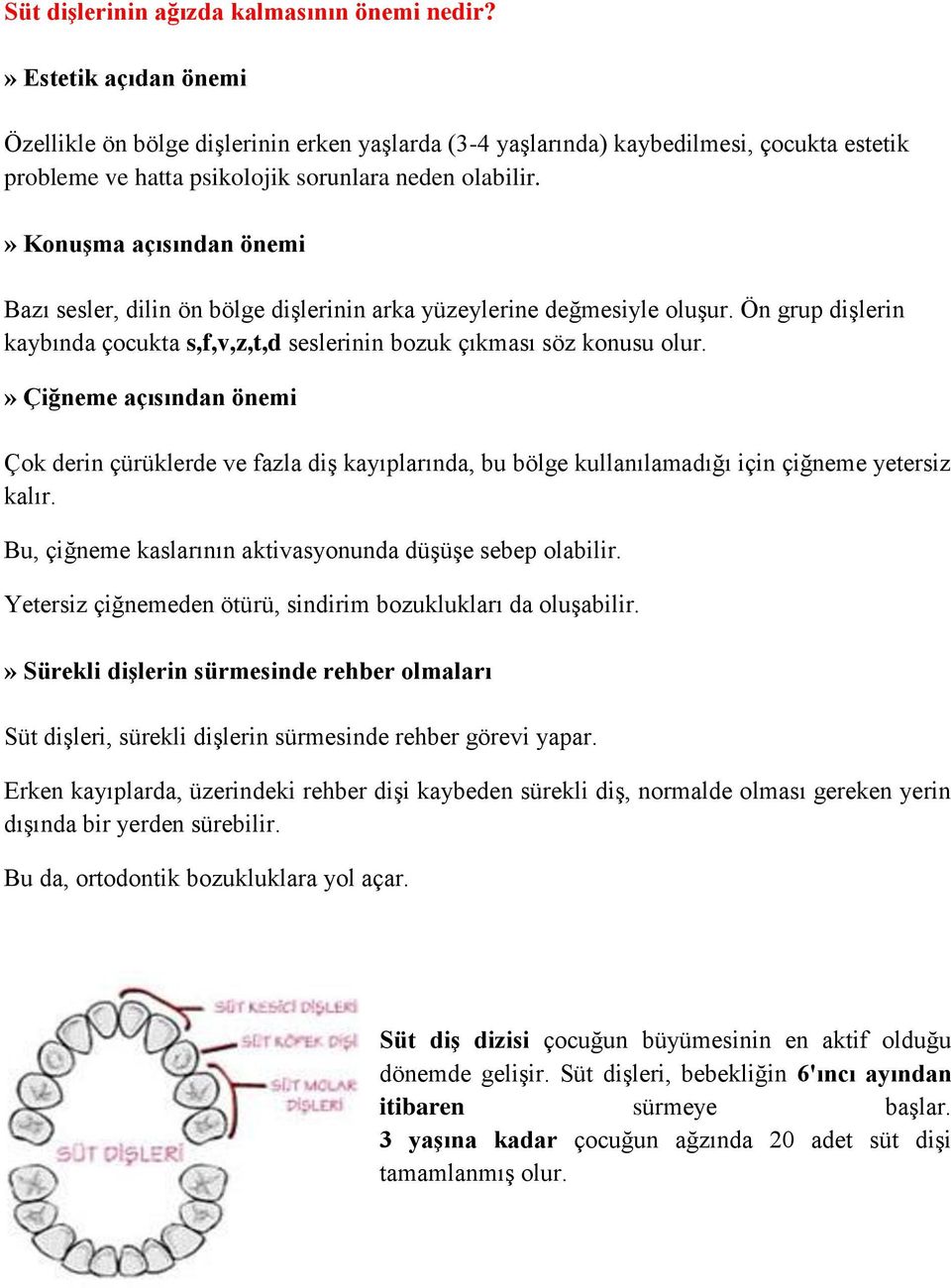 » Konuşma açısından önemi Bazı sesler, dilin ön bölge dişlerinin arka yüzeylerine değmesiyle oluşur. Ön grup dişlerin kaybında çocukta s,f,v,z,t,d seslerinin bozuk çıkması söz konusu olur.