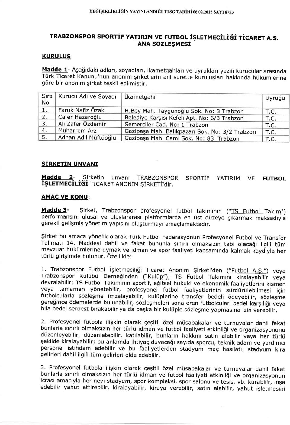 edilmigtir Srra No Kurucu Adr ve Soyadr Ikametgahr Uyruf u 1. Faruk Nafiz Ozak H.Bey Mah. Tayqunodlu Sok, No: 3 Trabzon T,C. 2. Cafer Hazarodlu Belediye Kargrsr Kefeli Apt. No: 6/3Trabzon T.C. 3. Ali Zafer Ozdemir Semerciler Cad.