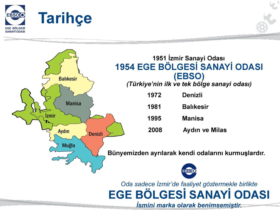 Tarihçe 1951 İzmir Sanayi Odası 1954 EGE BÖLGESİ SANAYİ ODASI (EBSO) (Türkiye nin