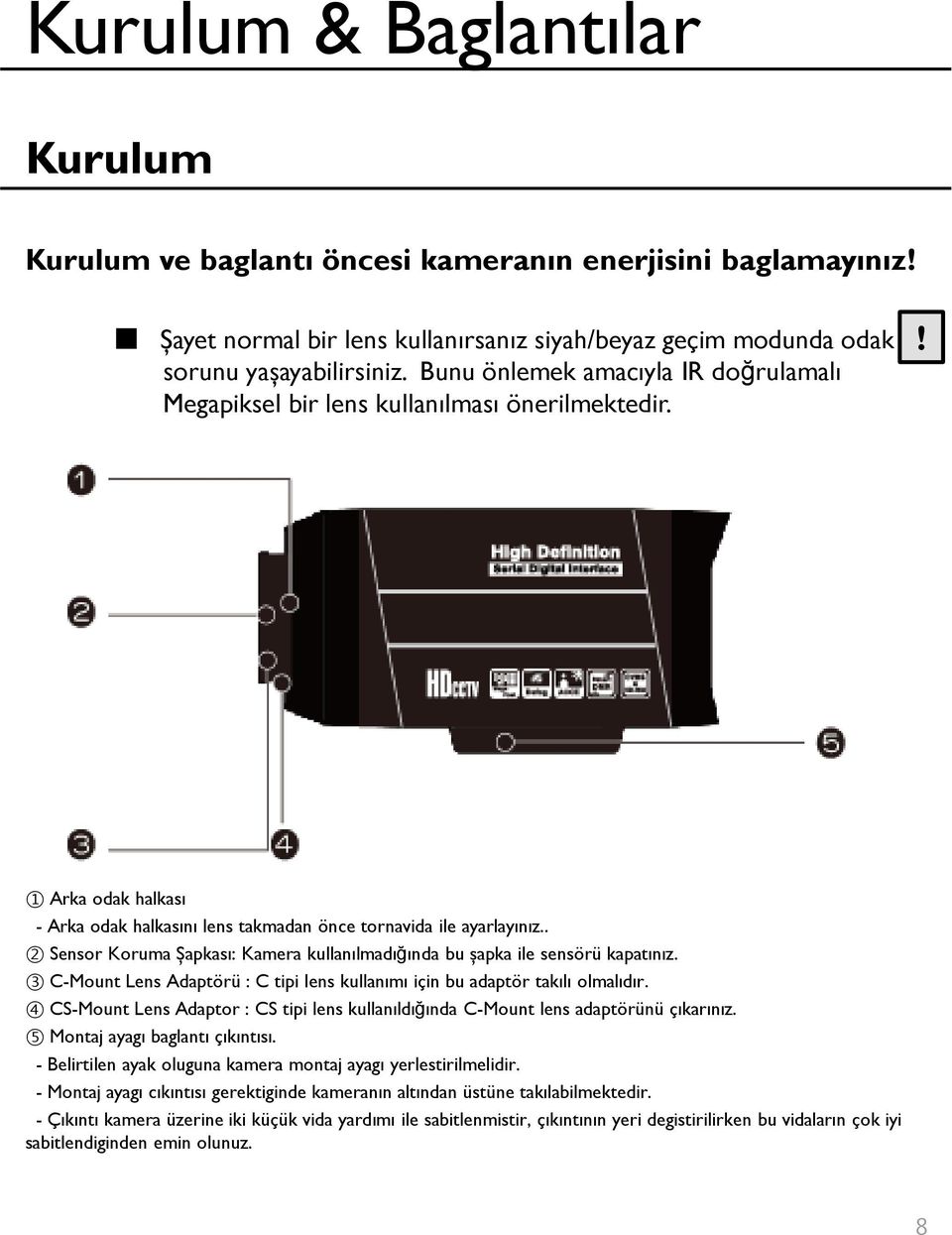 . 2 Sensor Koruma Şapkası: Kamera kullanılmadığında bu şapka ile sensörü kapatınız. 3 C-Mount Lens Adaptörü : C tipi lens kullanımı için bu adaptör takılı olmalıdır.