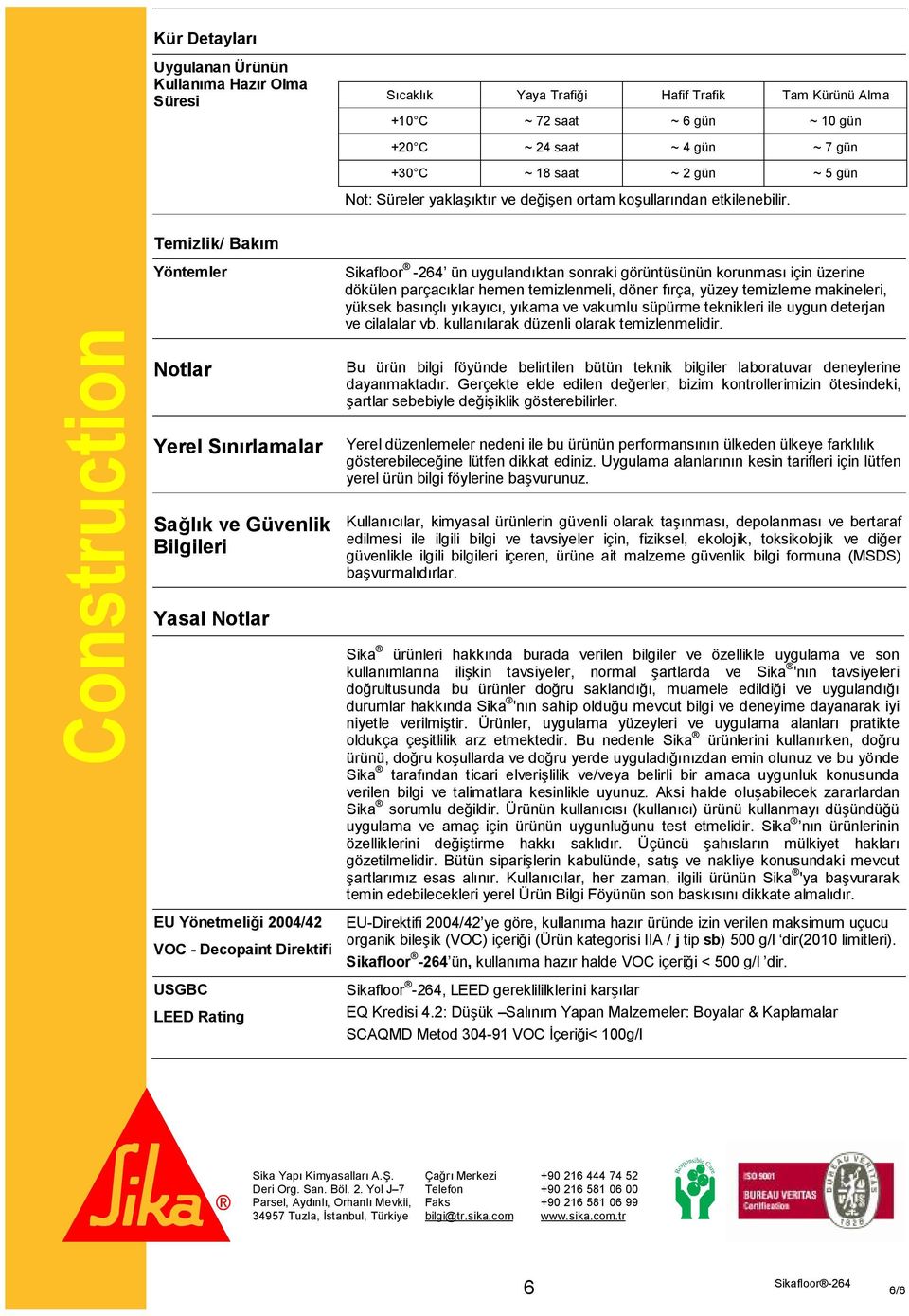 Construction Temizlik/ Bakım Yöntemler Notlar Yerel Sınırlamalar Sağlık ve Güvenlik Bilgileri Yasal Notlar EU Yönetmeliği 2004/42 VOC - Decopaint Direktifi USGBC LEED Rating Sikafloor -264 ün