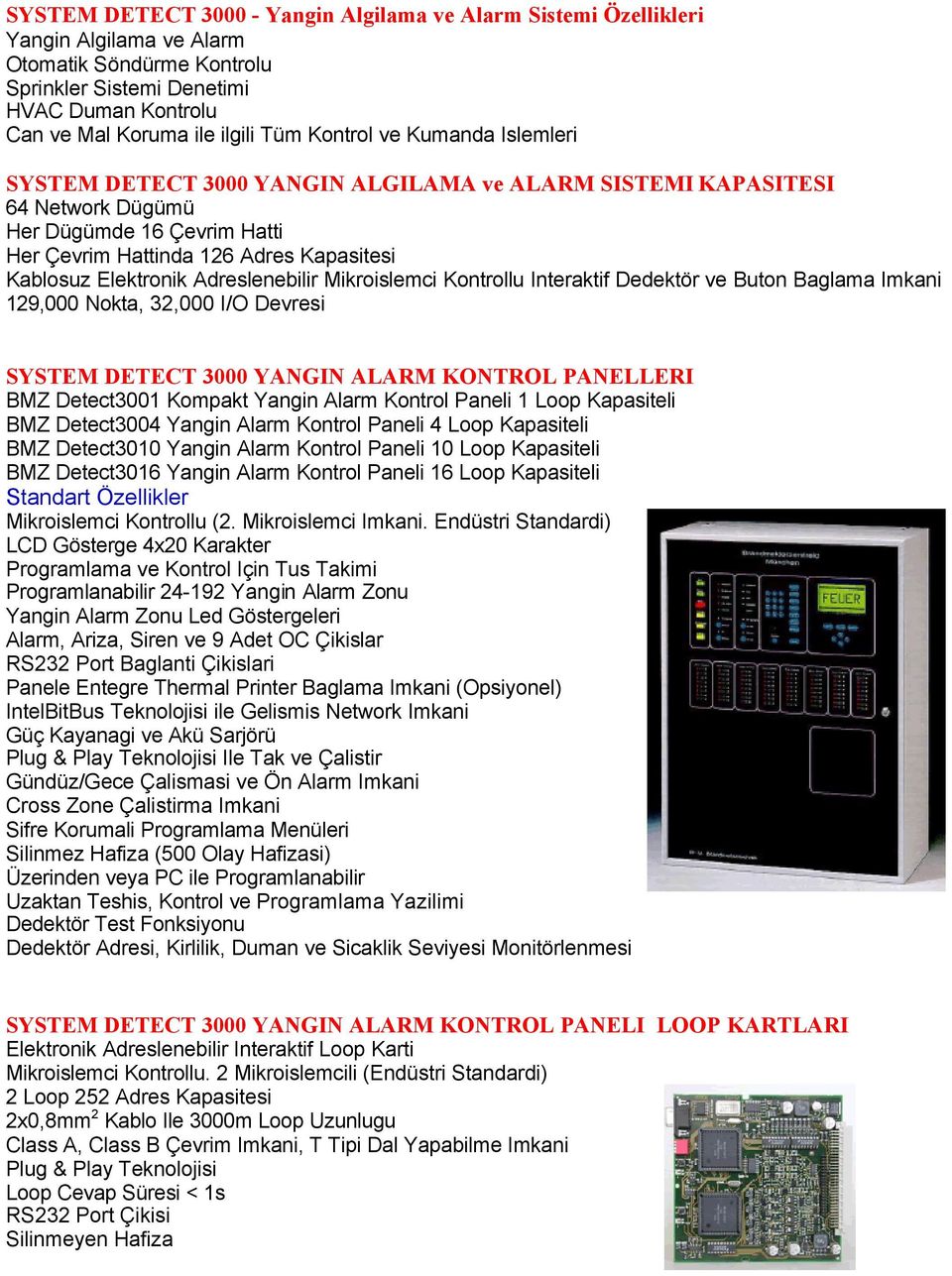 Adreslenebilir Mikroislemci Kontrollu Interaktif Dedektör ve Buton Baglama Imkani 129,000 Nokta, 32,000 I/O Devresi SYSTEM DETECT 3000 YANGIN ALARM KONTROL PANELLERI BMZ Detect3001 Kompakt Yangin