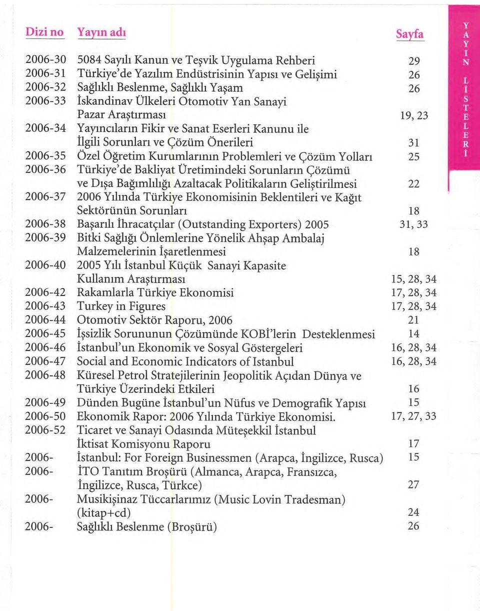 2006-36 Türkiye'de Bakliyat Üretimindeki Sorunların Çözümü ve Dışa Bağımlılığı Azaltacak Politikaların Geliştirilmesi 22 2006-37 2006 Yılında Türkiye Ekonomisinin Beklentileri ve Kağıt Sektörünün
