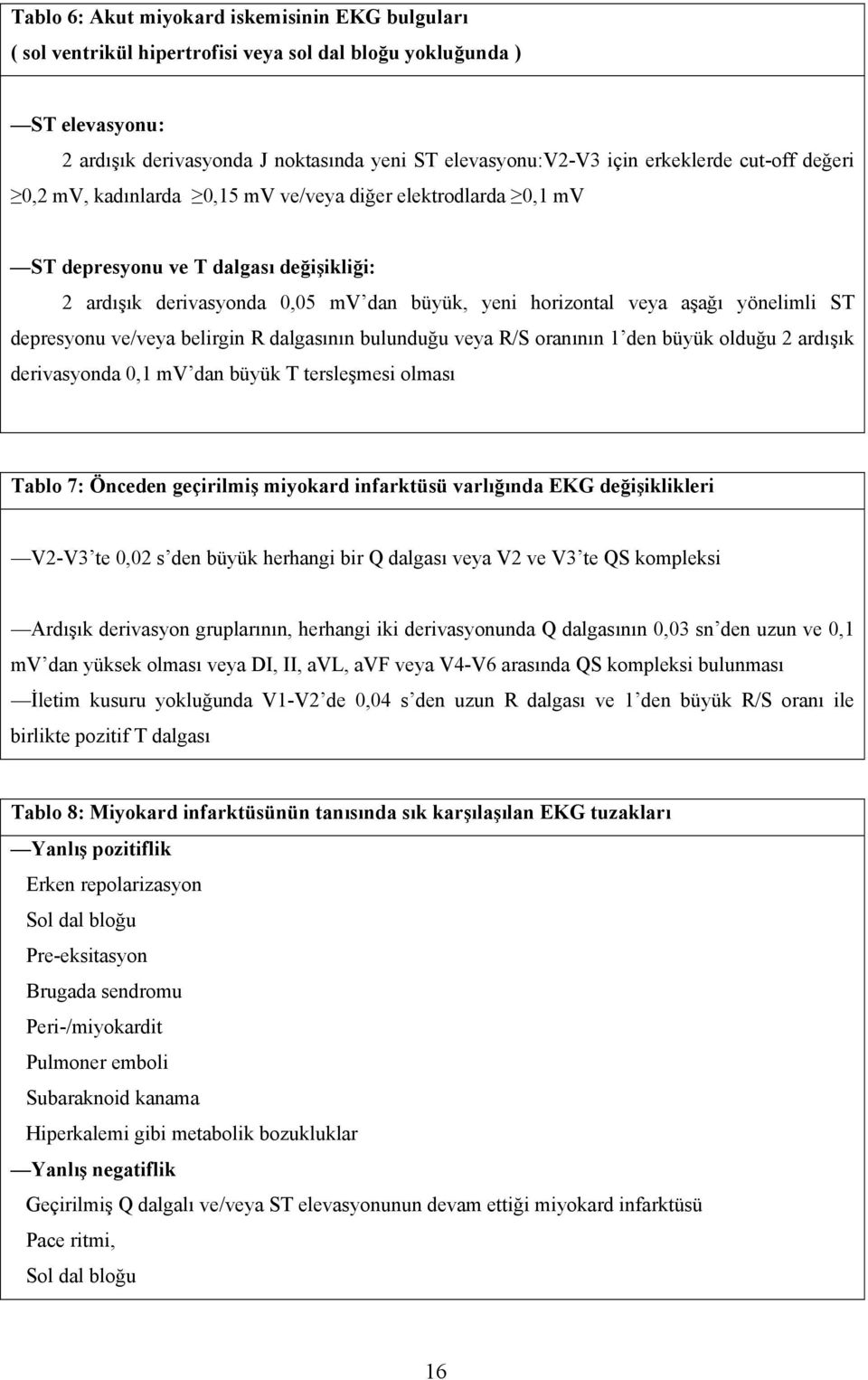 yönelimli ST depresyonu ve/veya belirgin R dalgasının bulunduğu veya R/S oranının 1 den büyük olduğu 2 ardışık derivasyonda 0,1 mv dan büyük T tersleşmesi olması Tablo 7: Önceden geçirilmiş miyokard