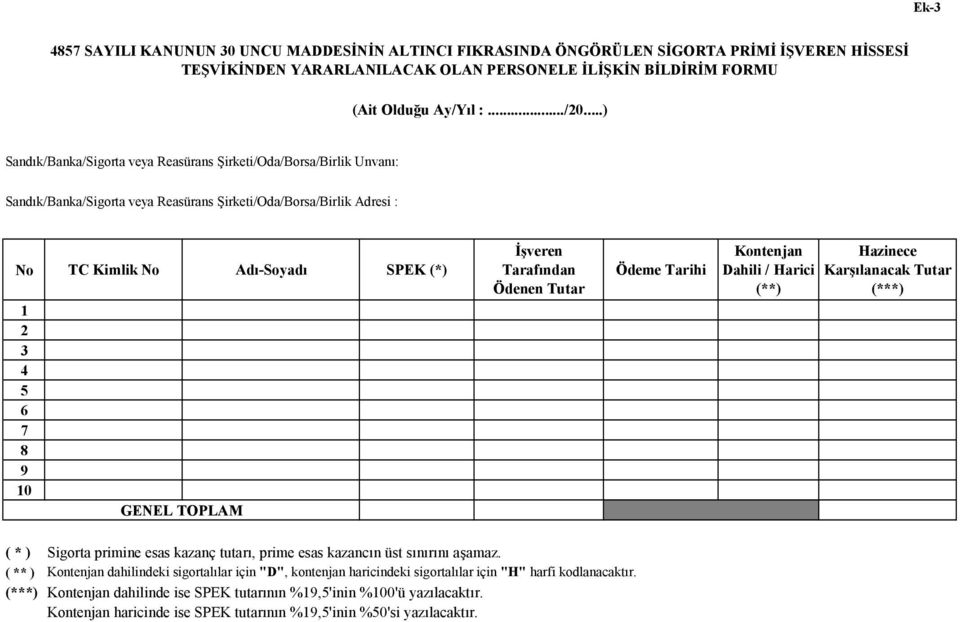 Adı-Soyadı SPEK (*) İşveren Tarafından Ödenen Tutar Ödeme Tarihi Kontenjan Dahili / Harici (**) Hazinece Karşılanacak Tutar (***) ( * ) Sigorta primine esas kazanç tutarı, prime esas kazancın üst