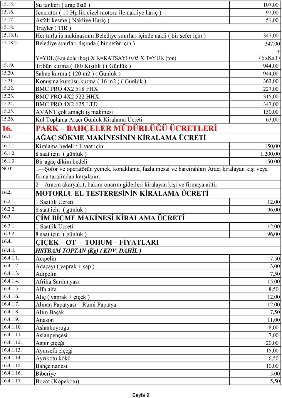 Sahne kurma ( 120 m2 ) ( Günlük ) 944,00 15.21. KonuĢma kürsüsü kurma ( 16 m2 ) ( Günlük ) 363,00 15.22. BMC PRO 4X2 518 FHX 227,00 15.23. BMC PRO 4X2 522 HHX 315,00 15.24.