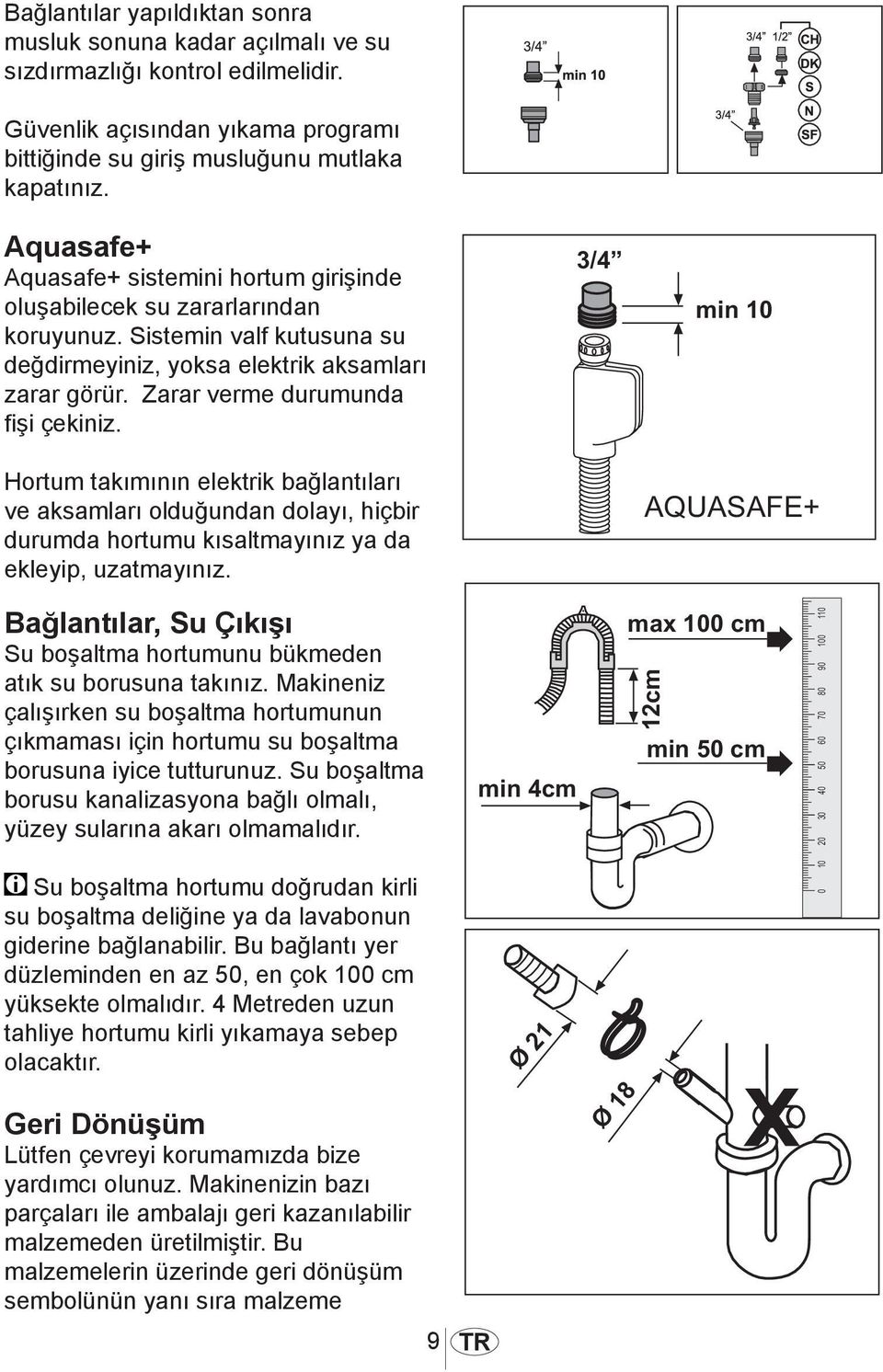 Zarar verme durumunda fişi çekiniz. Hortum takımının elektrik bağlantıları ve aksamları olduğundan dolayı, hiçbir durumda hortumu kısaltmayınız ya da ekleyip, uzatmayınız.